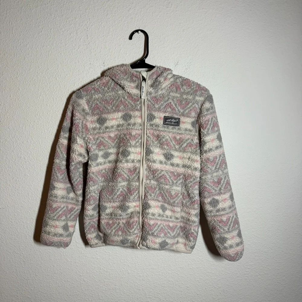Eddie‎ Bauer Jacket Girls M(10-12) Gray Aztec Sherpa Fleece Hooded Logo Full Zip